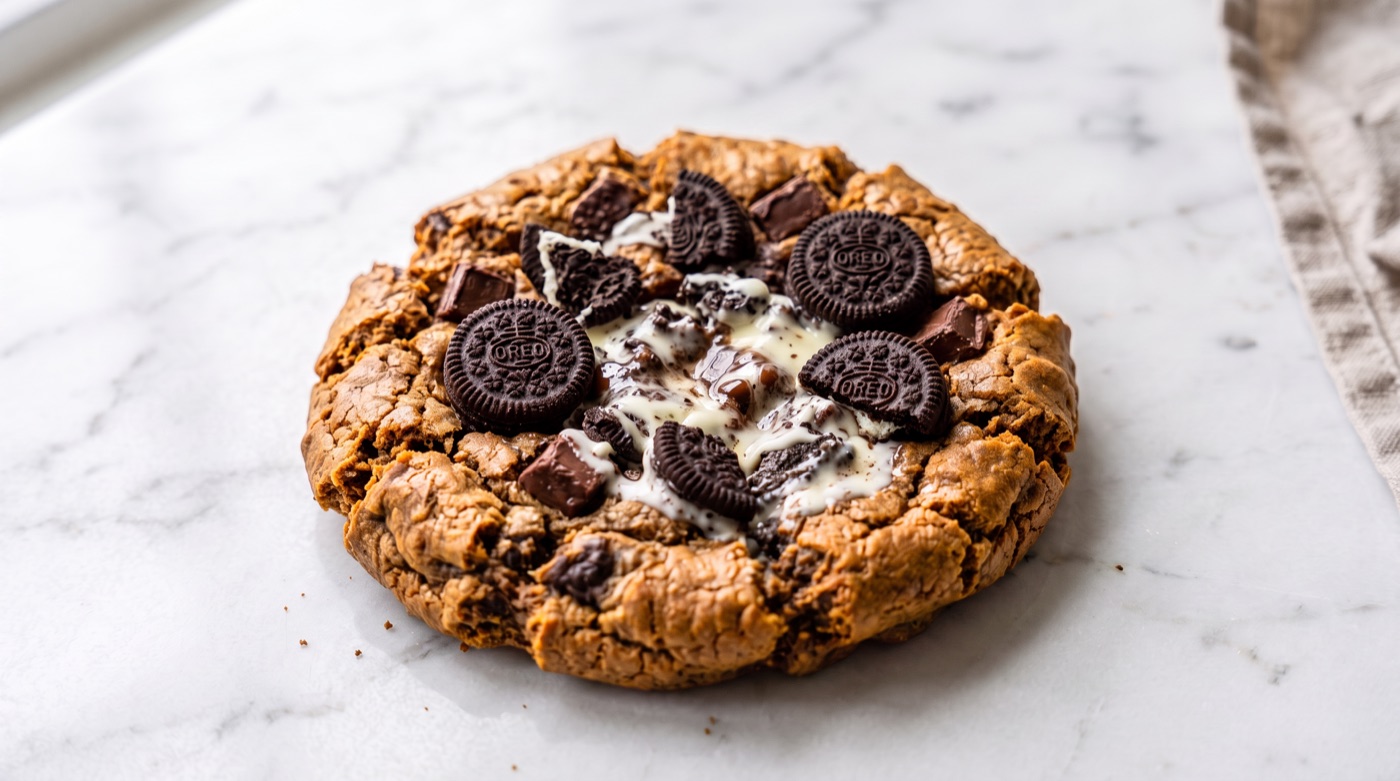 An Oreo cream cookie, freshly baked